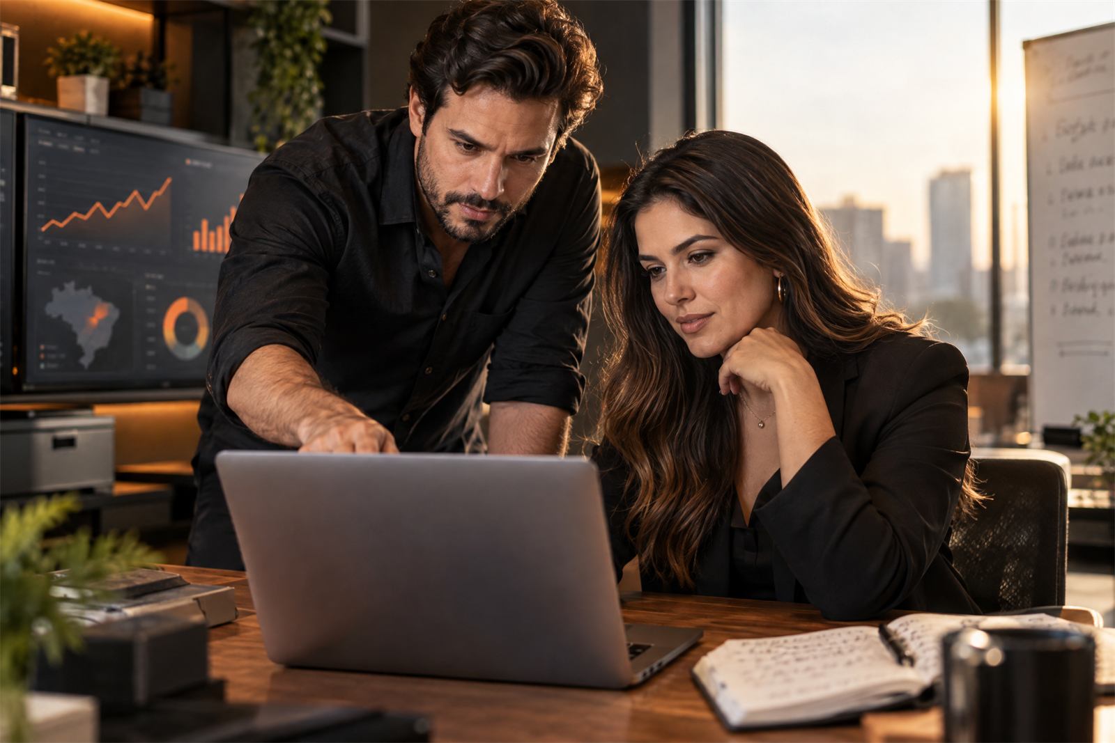 Empresária analisando a operação de marketplace com consultor