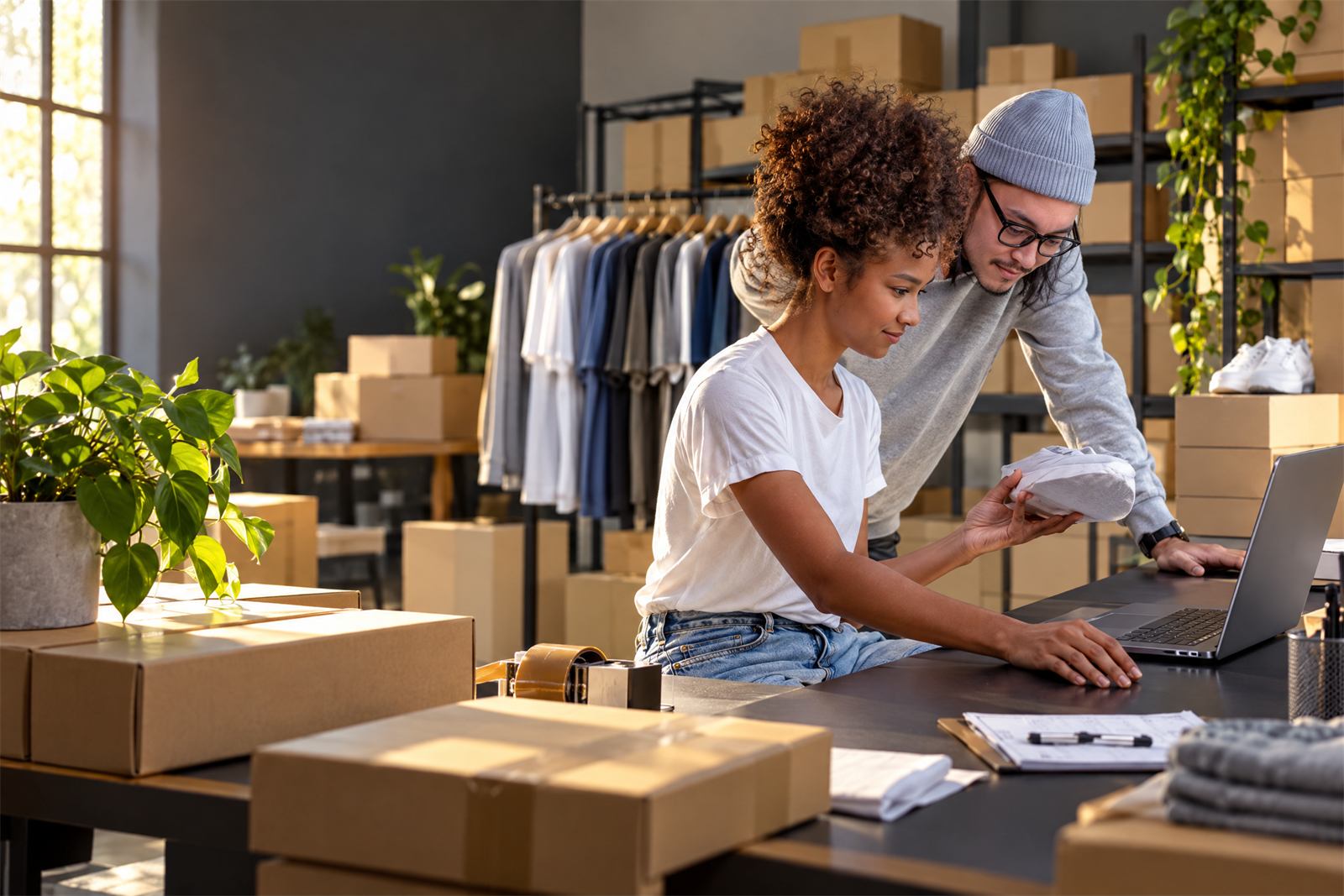 Operação de e-commerce organizada com pedidos prontos para envio
